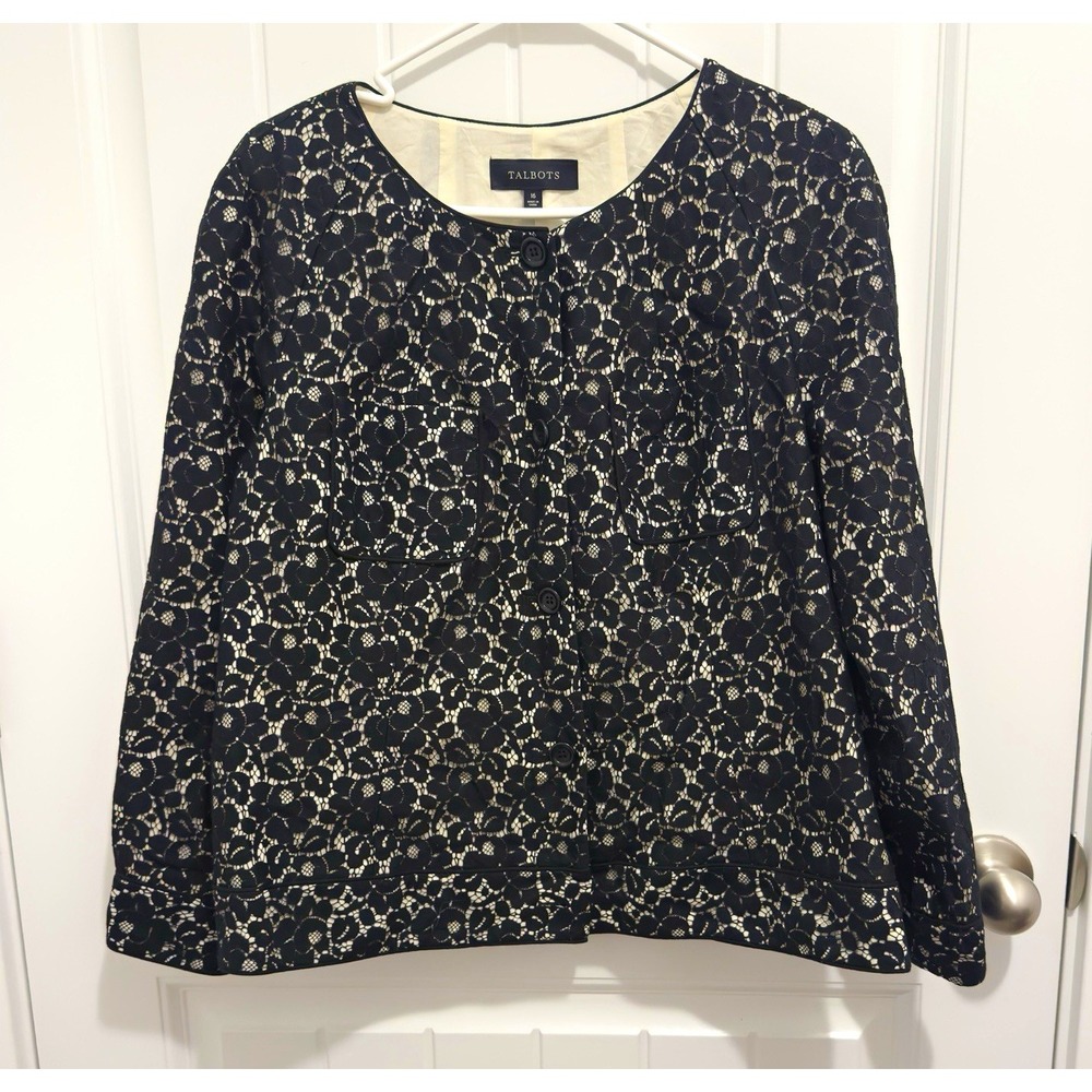 Talbots Women's Black White Floral Lace Button Front Long Sleeve Blazer Size 16